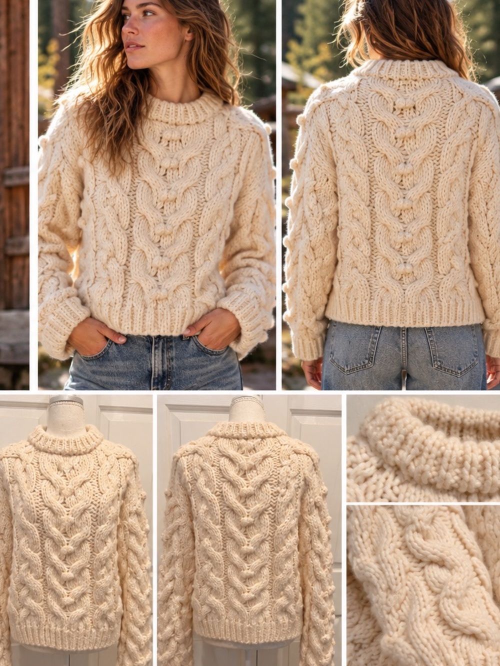 ZARA Chunky Cable Knit Bobble Sweater Cream Wool Blend M - Picture 2 of 6